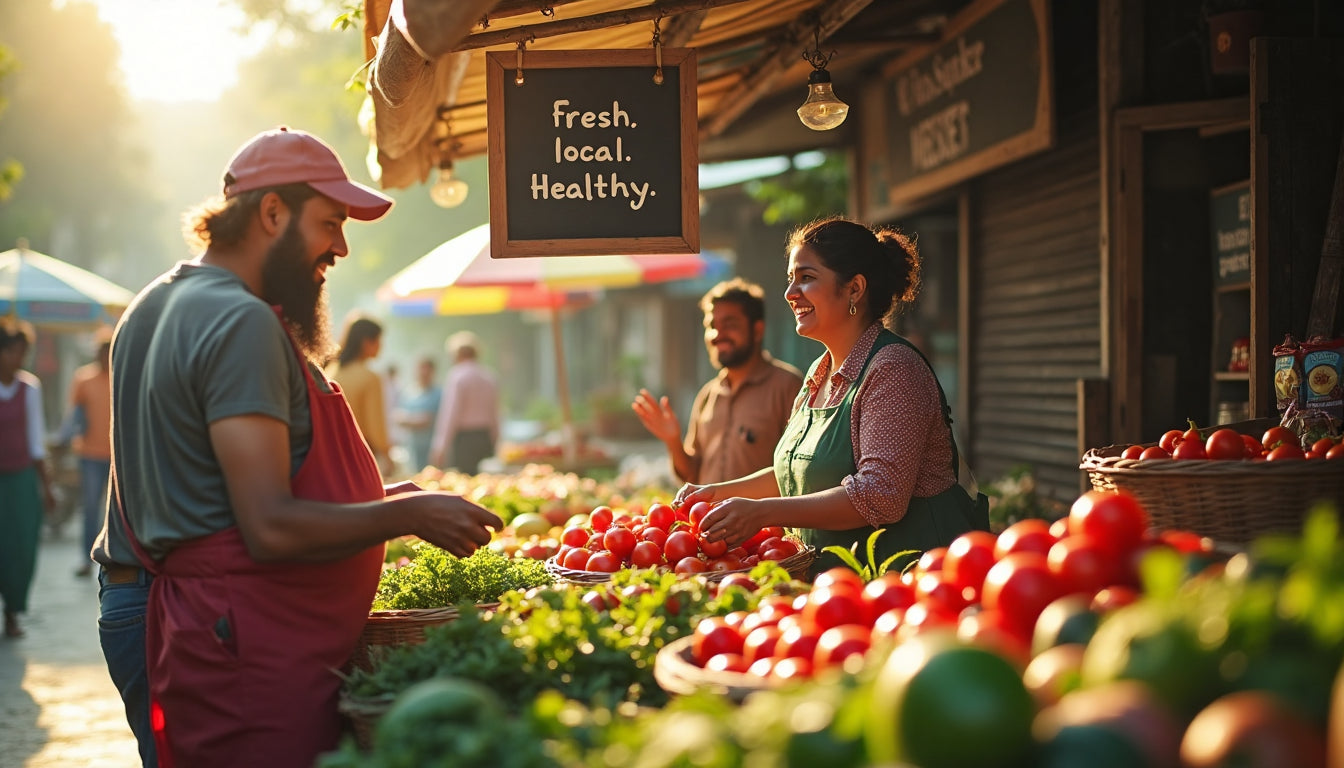 Delhi NCR farmers' market with local families and farmers exchanging fresh vegetables under a 'Fresh. Local. Healthy.' sign.