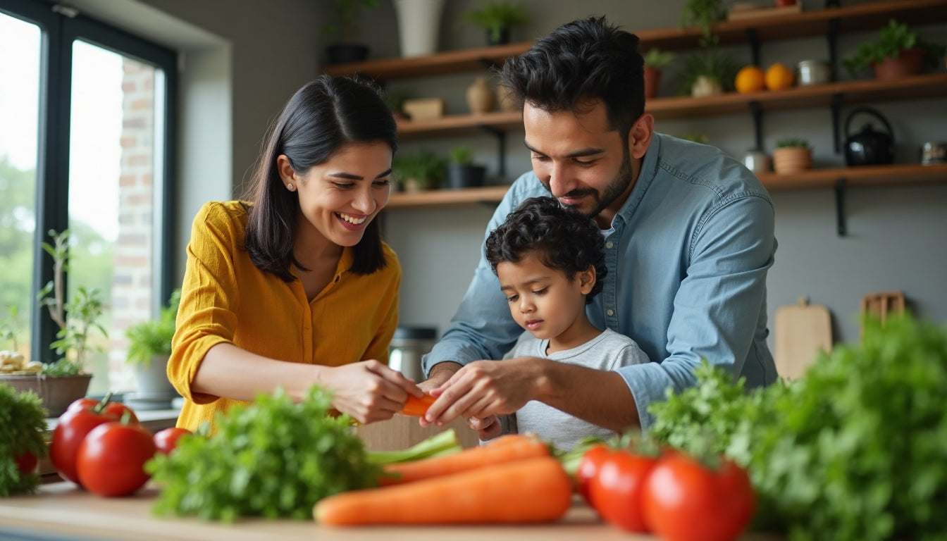 Indian family checking organic labels for food safety in a modern Delhi kitchen