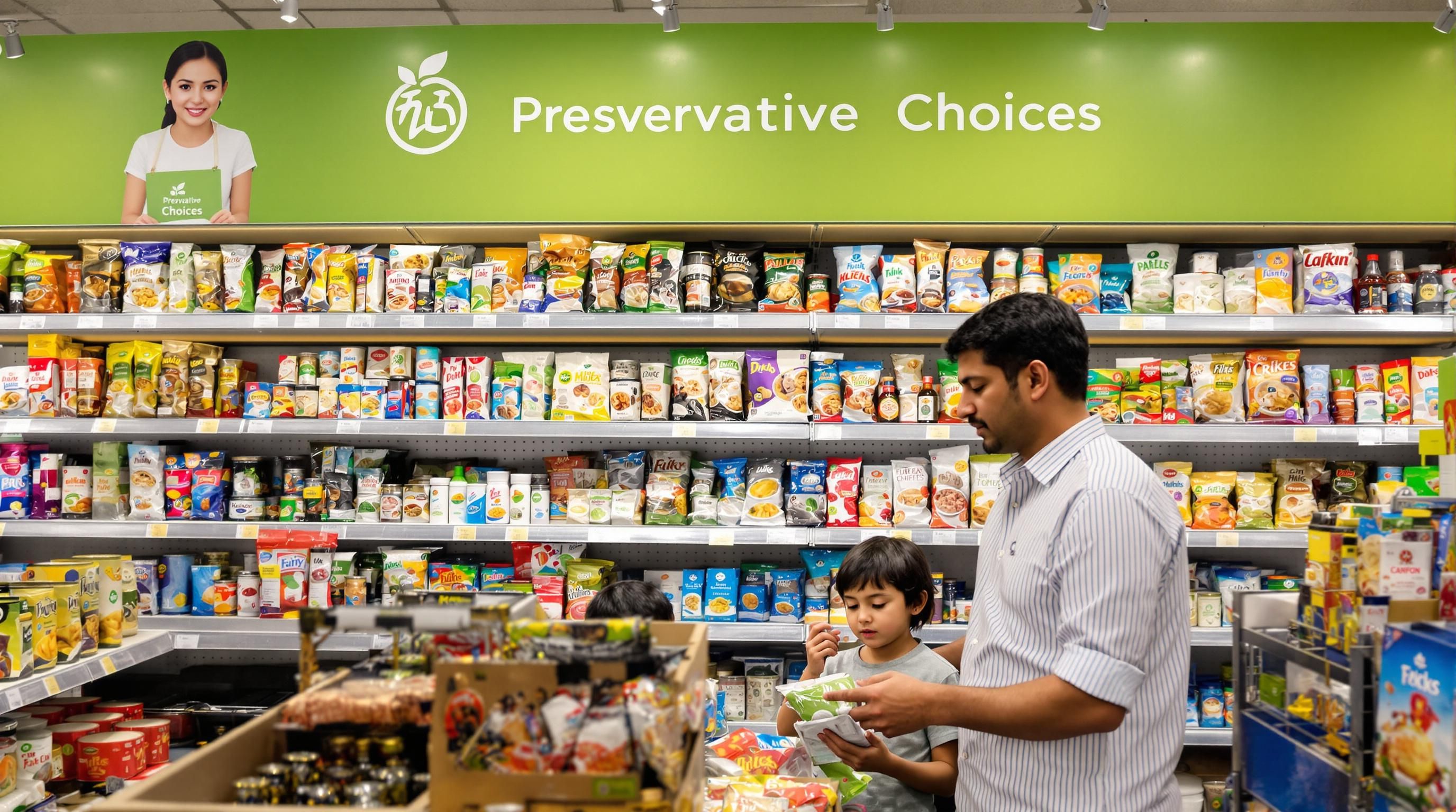 Family checking packaged food labels in Delhi supermarket aisle
