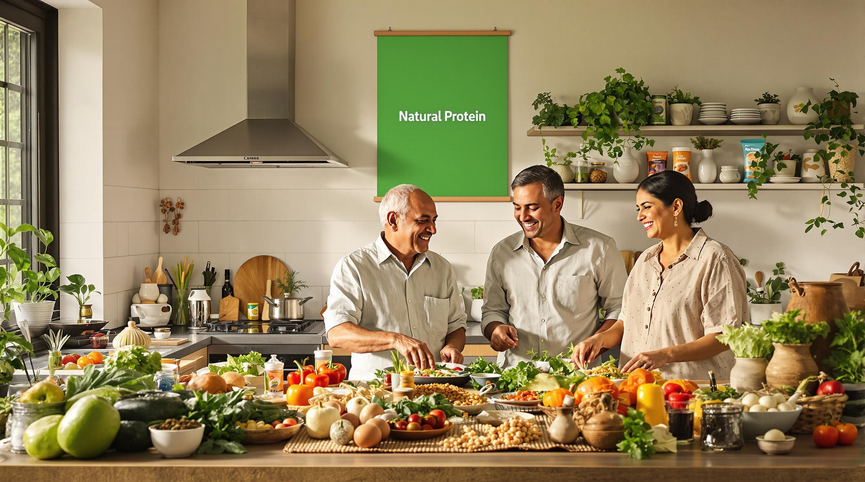 Indian family preparing plant-based meal with Natural Protein poster