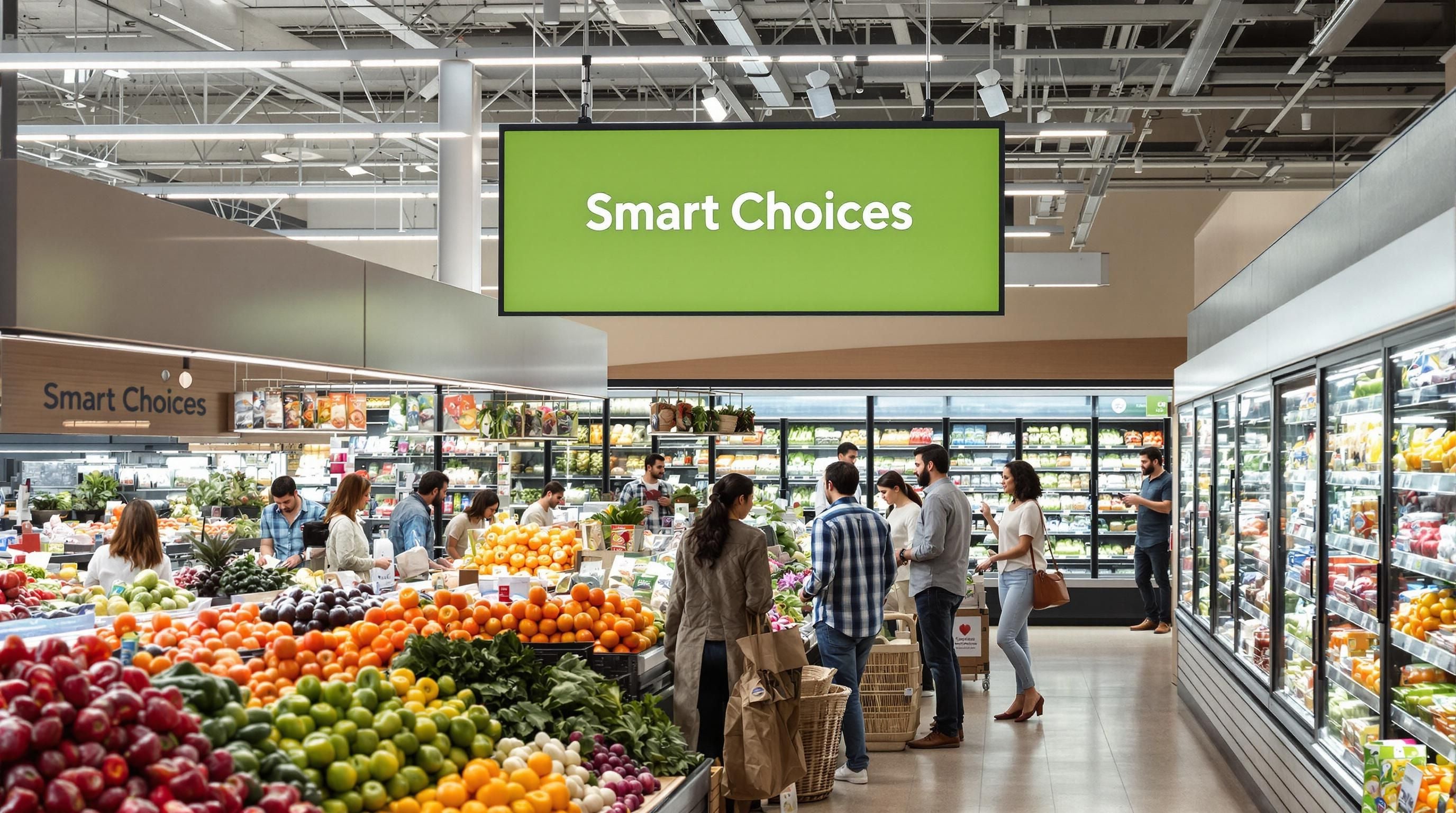 People shopping in a well-lit supermarket, deciding between fresh produce and frozen food aisles.