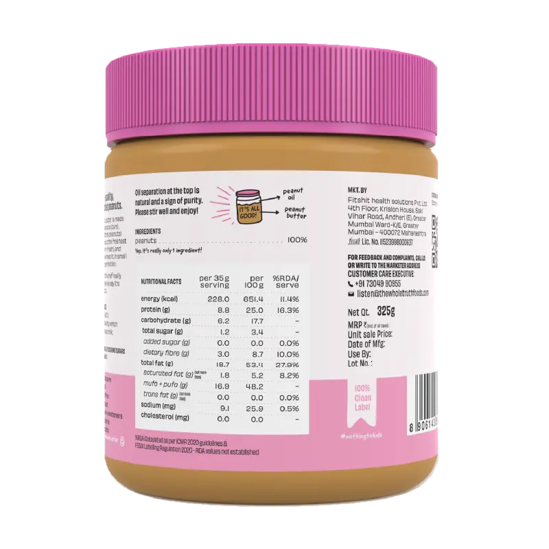 Peanut Butter | Unsweetened Peanut Butter (Creamy) - Natural - No Palm Oil & No Added Sugar - The Whole Truth - 325gm