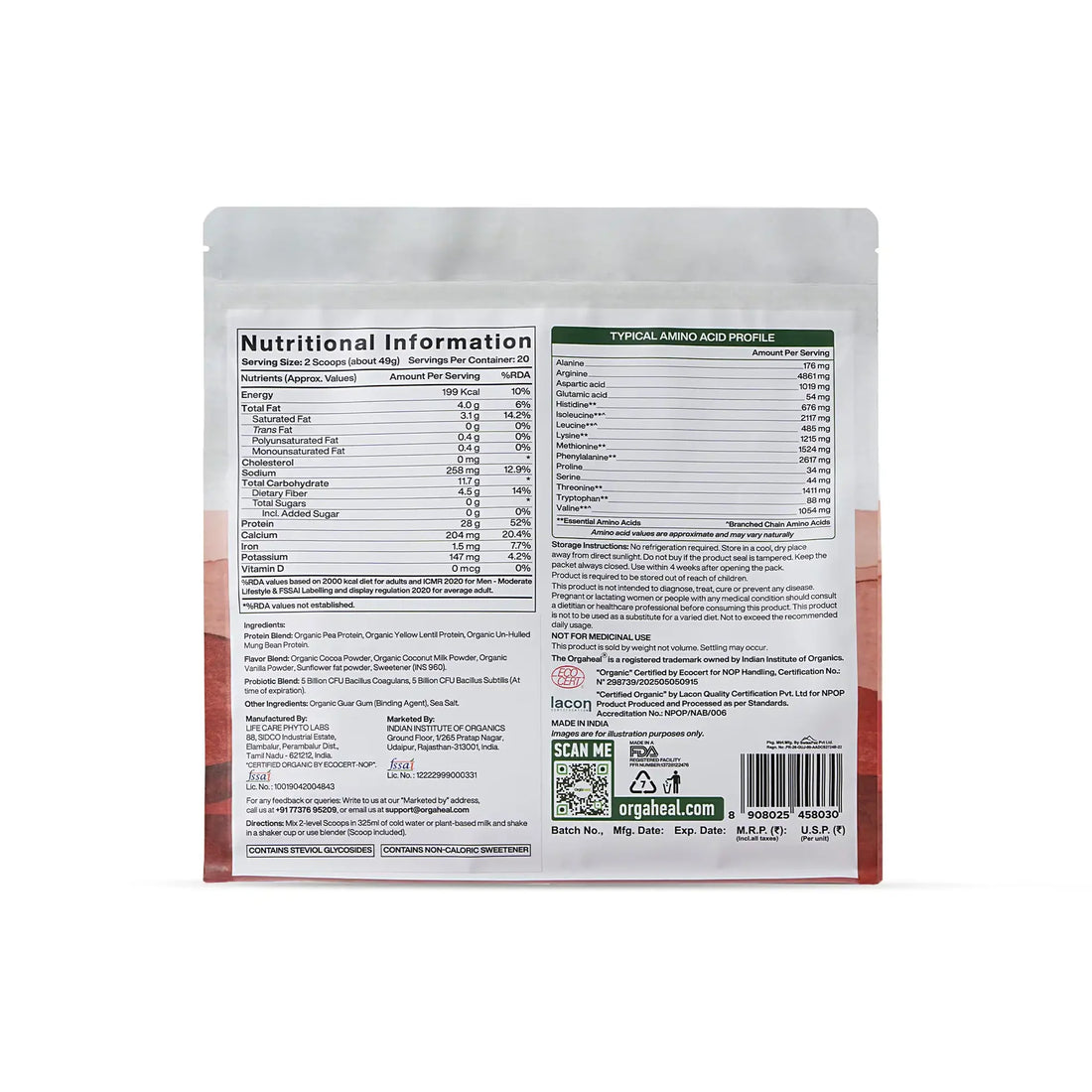 Protein Powder | Organic Plant-Based Protein Powder (Chocolate) - 28g Plant Protein -USDA Organic - Vegan, Gluten Free & Dairy Free - Orgaheal - 980gm
