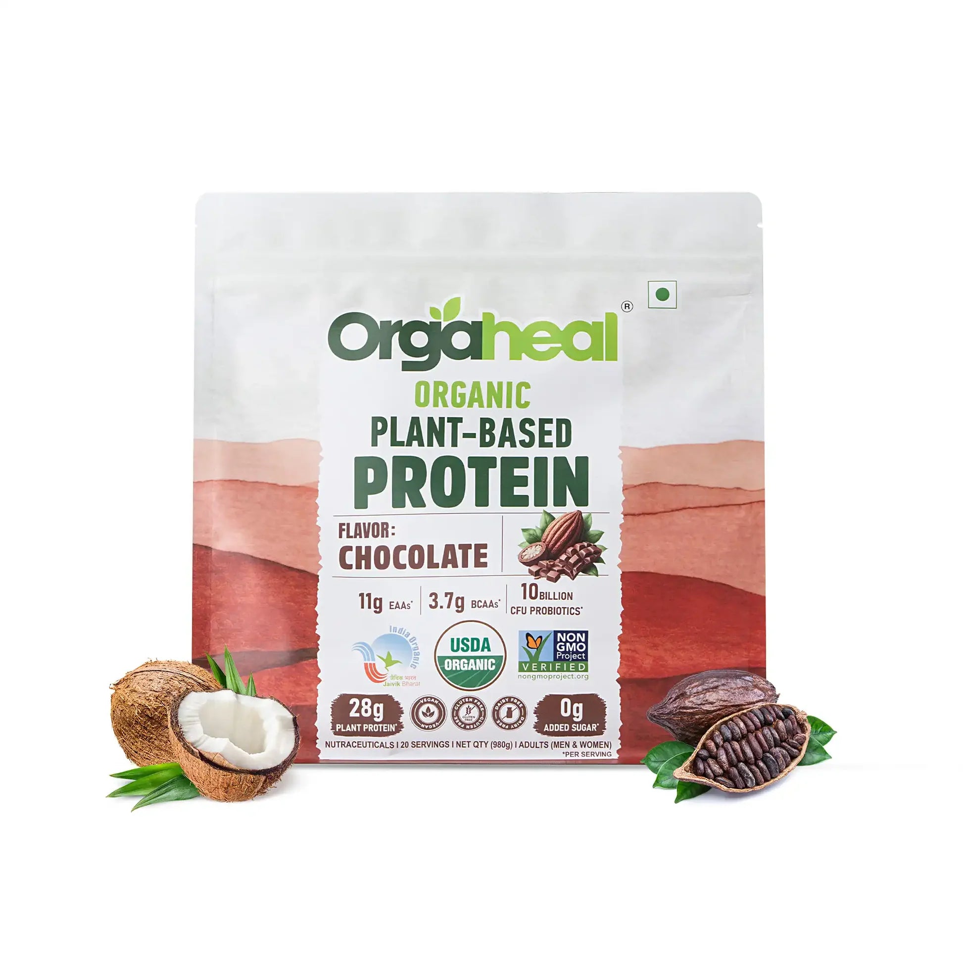Protein Powder | Organic Plant-Based Protein Powder (Chocolate) - 28g Plant Protein -USDA Organic - Vegan, Gluten Free & Dairy Free - Orgaheal - 980gm