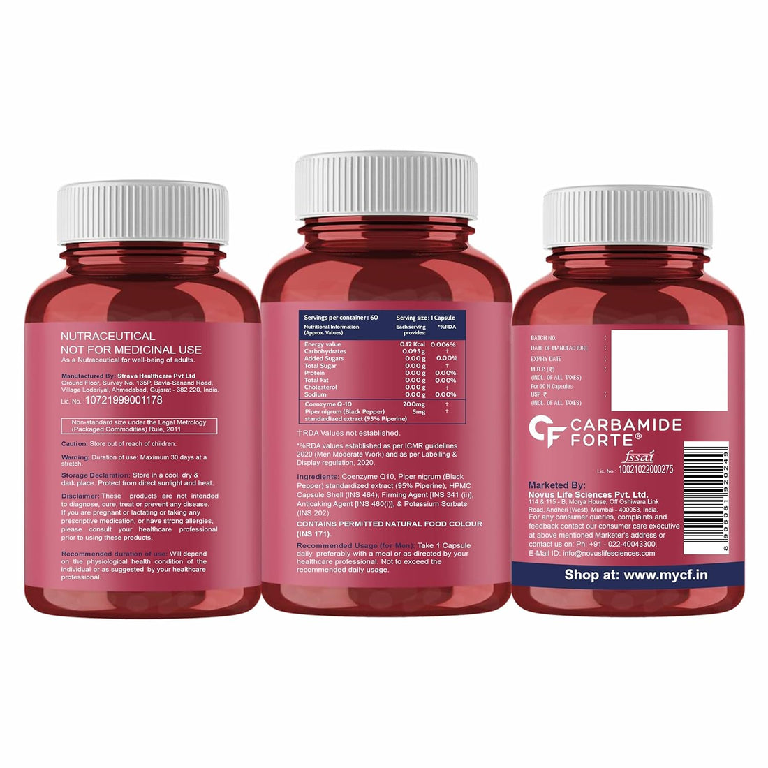 Coenzyme Q-10 200mg Piperine 5mg Supports Heart Health & Cellular Energy Carbamide Forte-60 Capsules