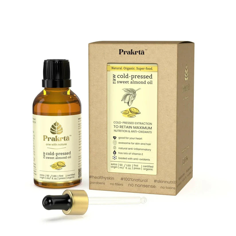 Oil | Raw Cold Pressed Sweet Almond Oil - 100% edible, natural, certified organic - No Added Preservatives -Prakrta- 50ml