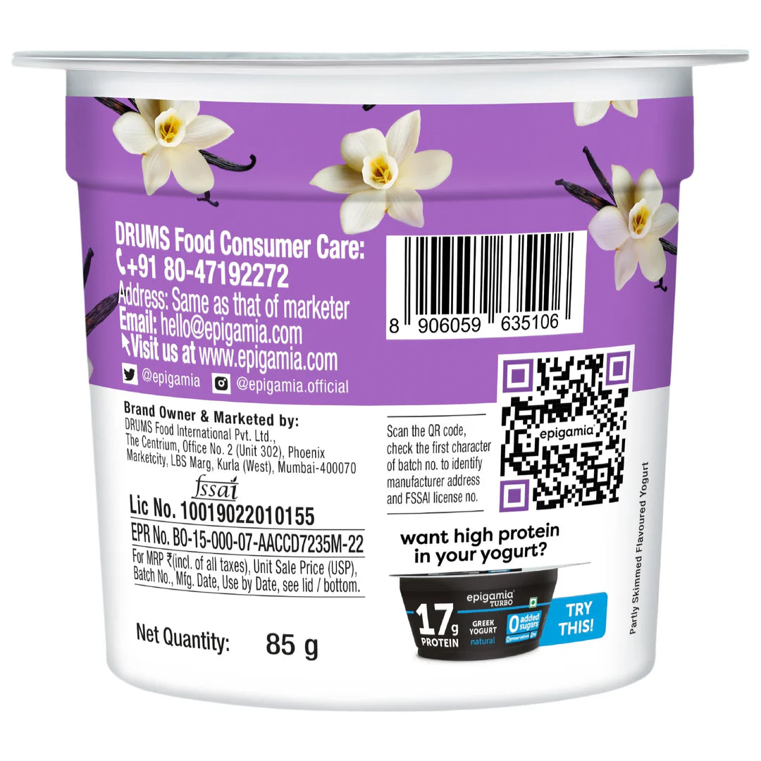 Yogurt | Vanilla bean Greek Yogurt - High In Protein & No Added Preservatives – Epigamia - 85gm