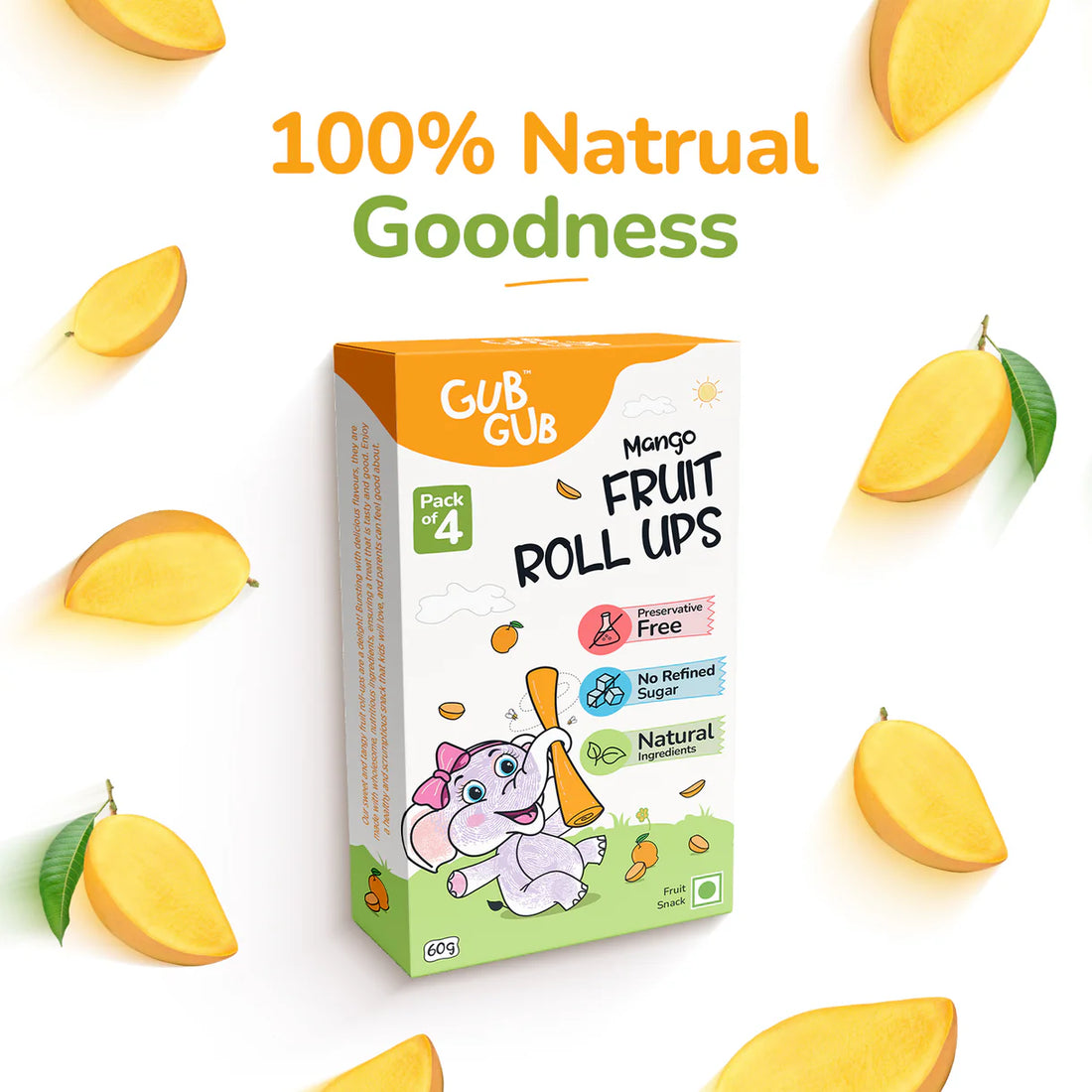 Fruit Roll-Ups| Mango Fruit Roll-Ups – 12+ Months – Fruit Snack - All Natural Ingredients – No Added Preservatives & No Refined Sugar – GUB GUB – Pack Of 4 -60gm