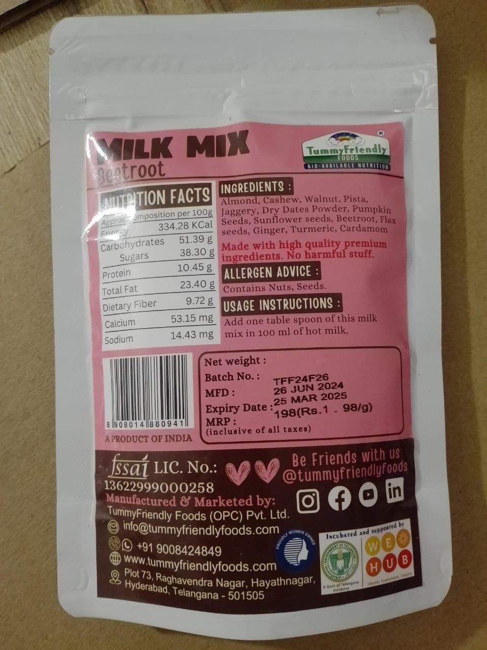 Milk Mix | Beetroot - 100% Natural - No Sugar, Preservatives Free & Chemical Free - Tummy Friendly - 70gm
