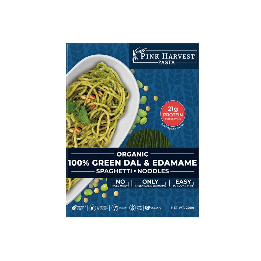 100% Green Dal & Edamame Spaghetti Noodles - Vegan, Gluten Free, Sugar Free, High Protein, No Wheat & No Rice - Pink Harvest Farms - 200gm