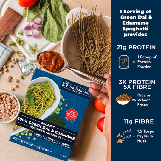 100% Green Dal & Edamame Spaghetti Noodles - Vegan, Gluten Free, Sugar Free, High Protein, No Wheat & No Rice - Pink Harvest Farms - 200gm