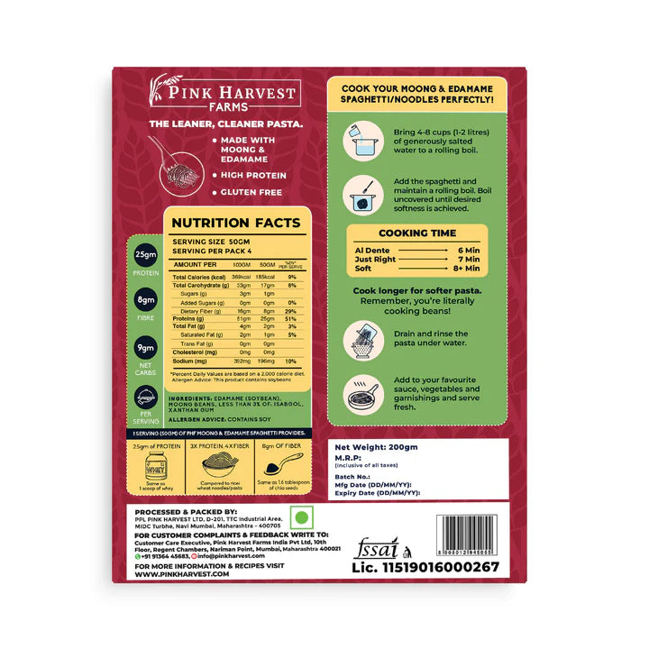100% Moong & Edamame Spaghetti - Vegan, Gluten Free, Sugar Free, High Protein, No Wheat & No Rice - Pink Harvest - 200gm