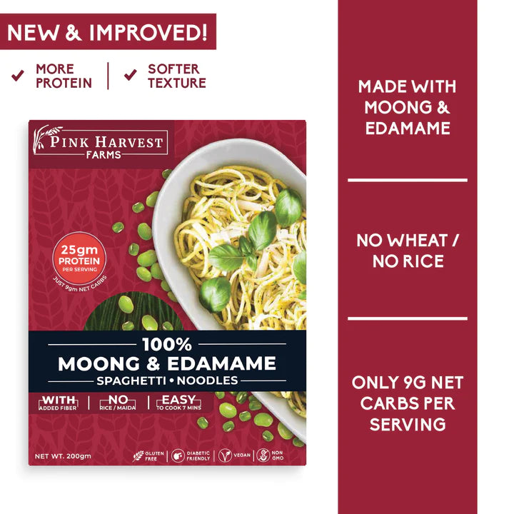 100% Moong & Edamame Spaghetti - Vegan, Gluten Free, Sugar Free, High Protein, No Wheat & No Rice - Pink Harvest - 200gm