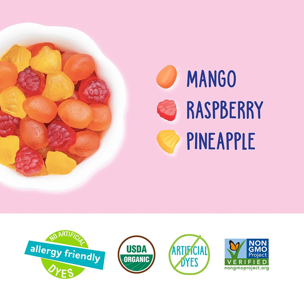 Fruit Snacks Tropical | Raspberry, Mango, Pineapple Flavour - USDA Organic - Vegan, Gluten Free, Non GMO & No High Fructose Corn Syrup Or No Artificial Dyes - Yum Earth - 198gm