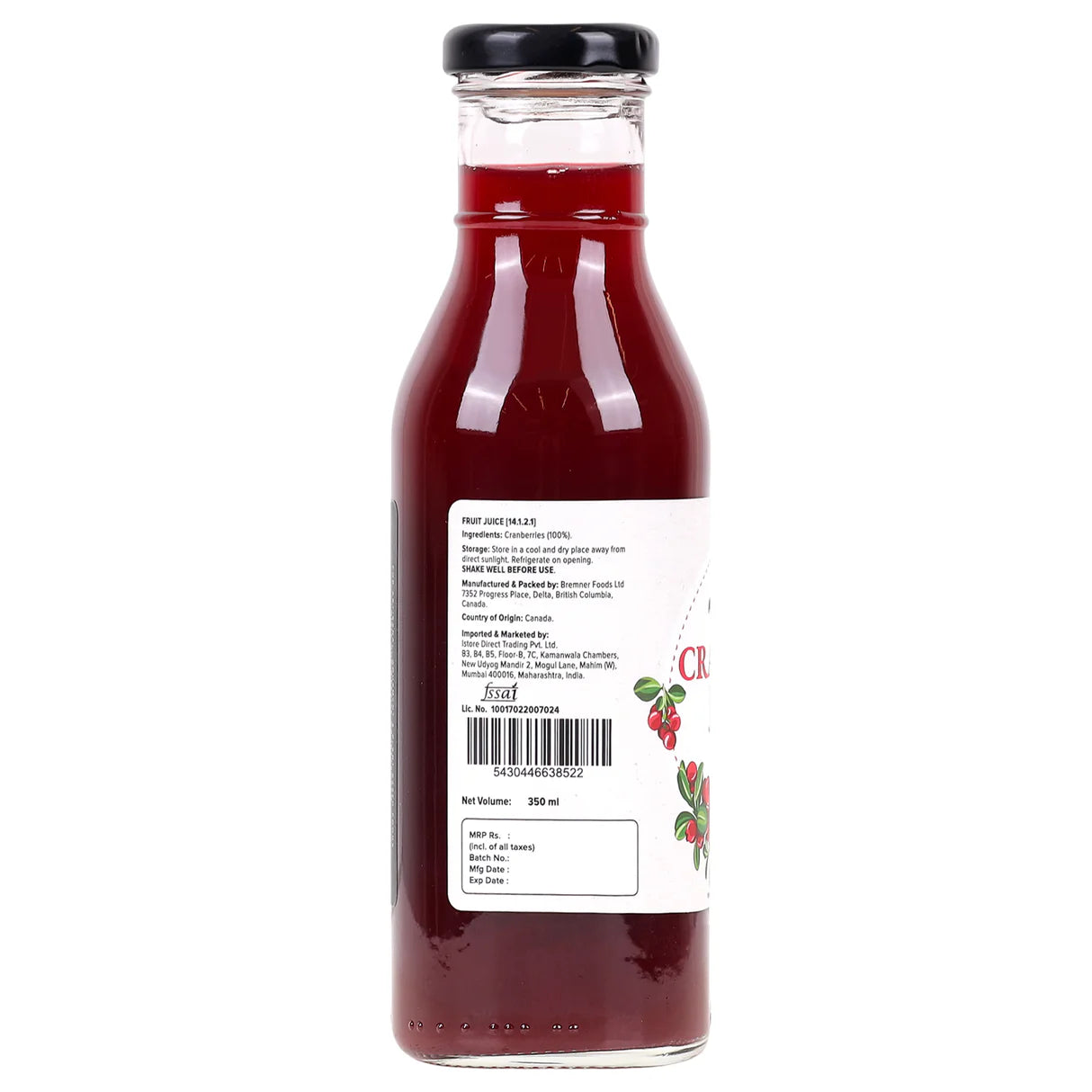 Cranberry Juice | 100% Canadian Cranberry Juice- Natural -Antioxidant-Rich , Supports UTI Health-Ideal for Cocktails & Mocktails - No Added Preservatives, Color & No Added Sugar - Urban Platter - 350ml