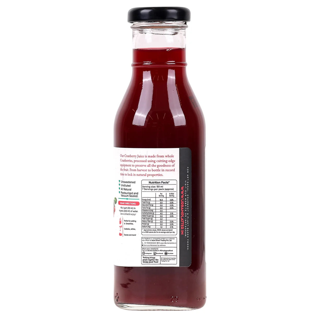 Cranberry Juice | 100% Canadian Cranberry Juice- Natural -Antioxidant-Rich , Supports UTI Health-Ideal for Cocktails & Mocktails - No Added Preservatives, Color & No Added Sugar - Urban Platter - 350ml