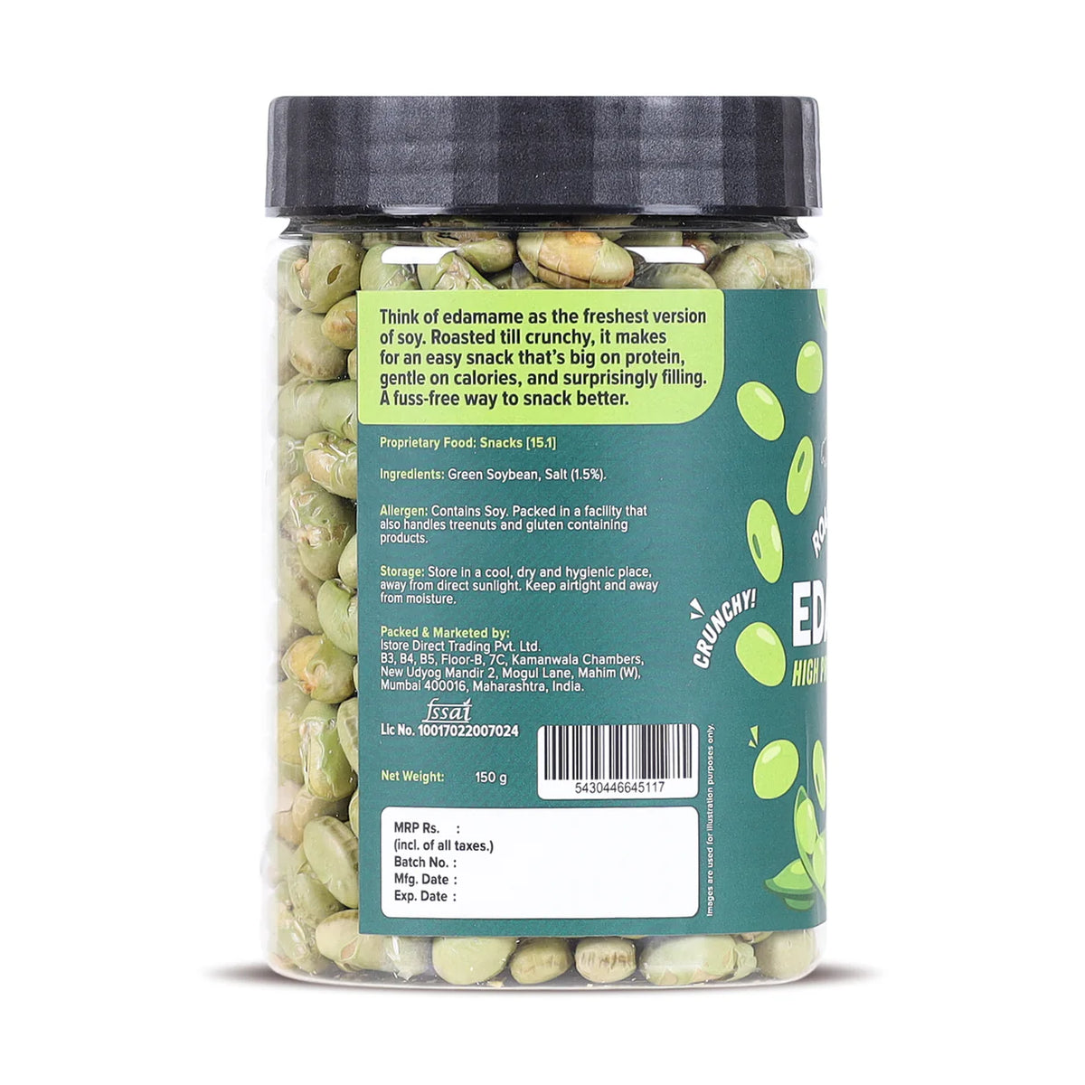 Edamame Roasted Salted (Crunchy) - 46% Protein, 14% Fiber- Lightly Salted Young Green Soybeans- Not Fried - High In Protein & Diabetic Friendly - Urban Platter - 150gm