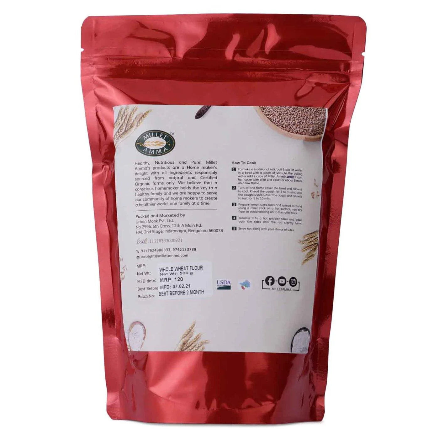Flour | Whole Wheat Flour Organic- Organic Flour -Vegan, -No Preservatives – Millet Amma – 500gm