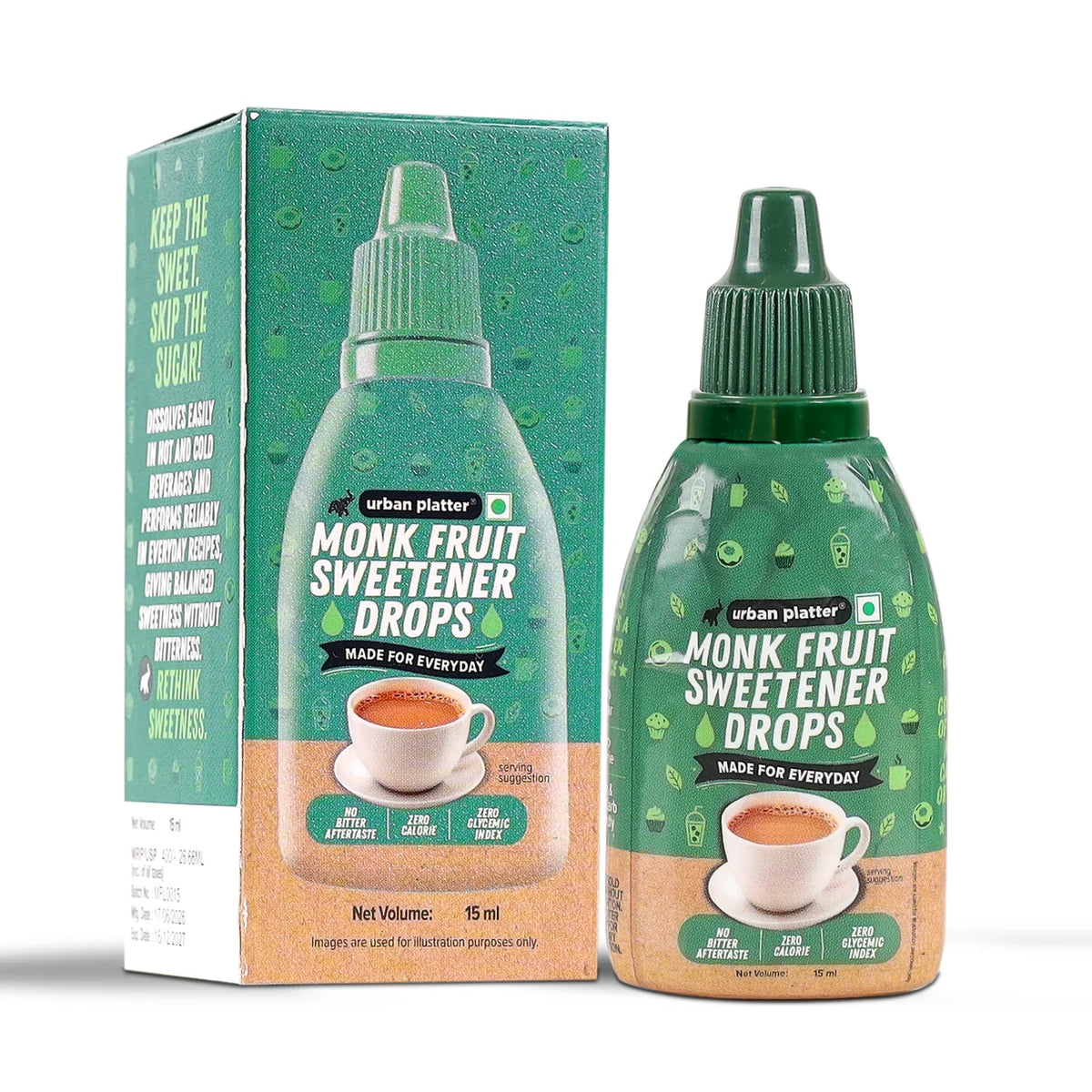 Monk Fruit Sweetener Drops -Zero Calorie - No Erythritol - No Bitter Aftertaste - For Tea, Coffee & Beverages-Glycemic Index - Urban Platter – 15ml