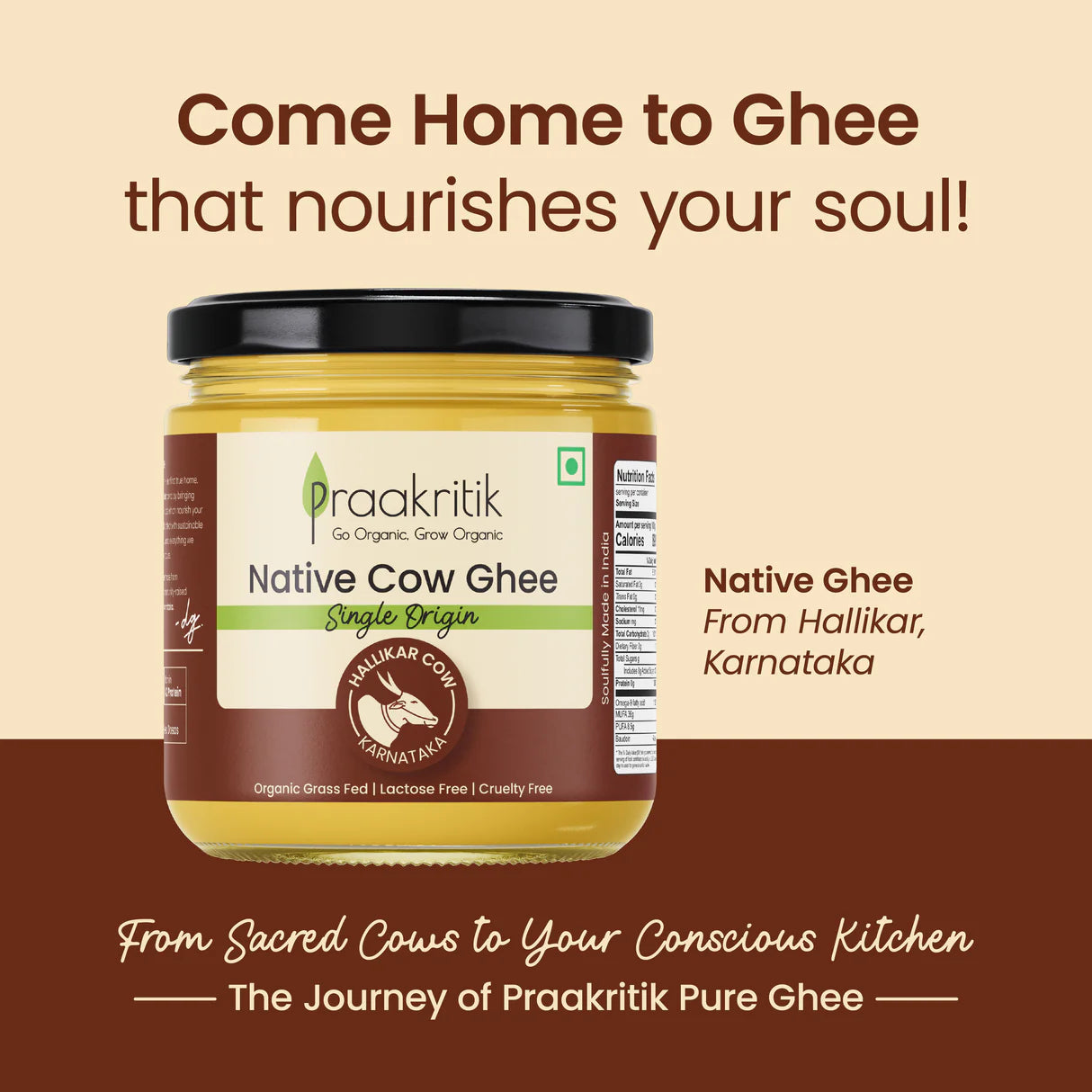 Ghee | Native Hallikar Cow Ghee (Single Origin) - Hallikar Cow (Karnataka) - Organic Grass Fed, Lactose Free, Cruelty Free - Praakritik - 500ml