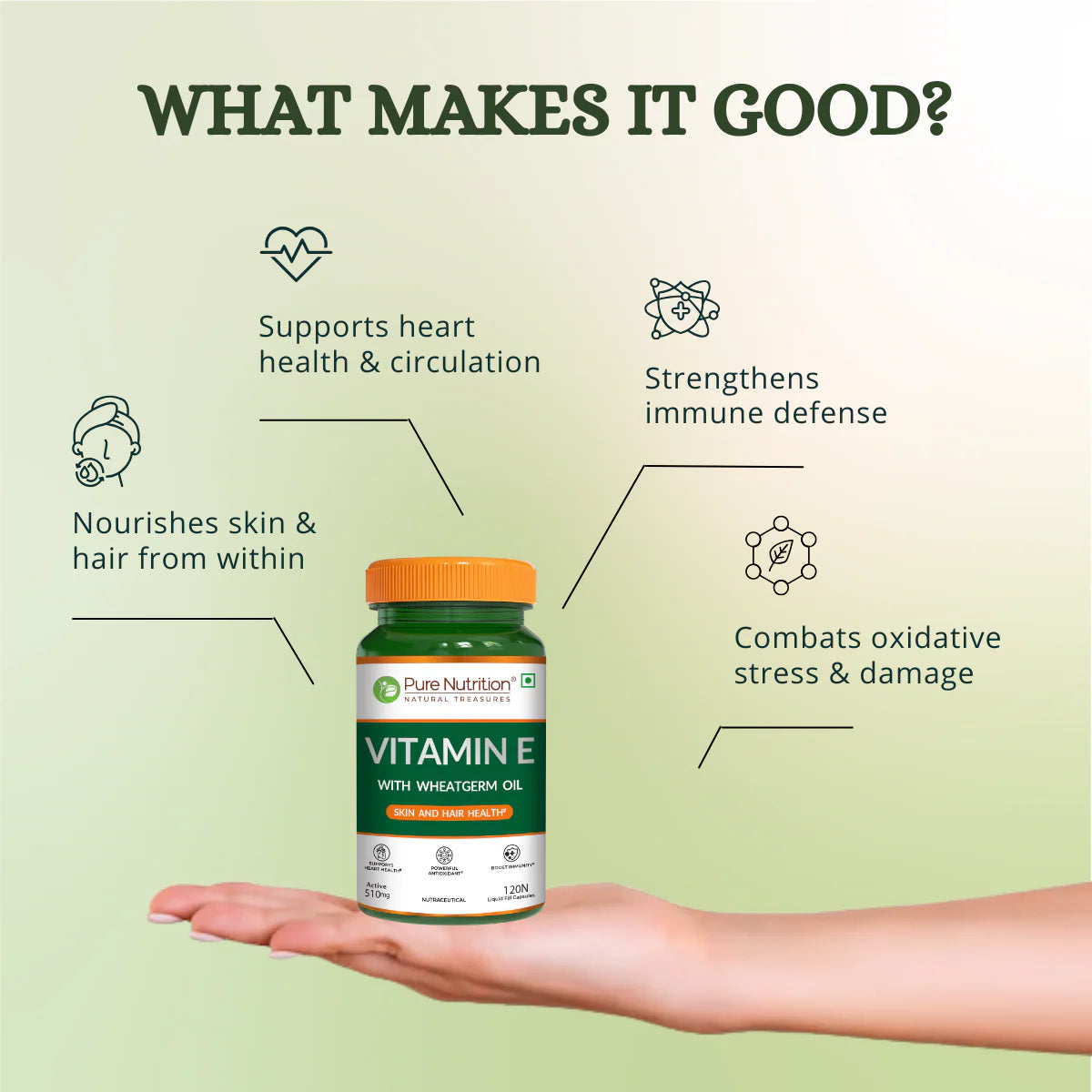 Vitamin E | Wheatgerm Oil (Skin & Hair Health)-510mg- Supports Skin and Hair health- Antioxidant Support - Pure Nutrition - 120N Veg Capsules