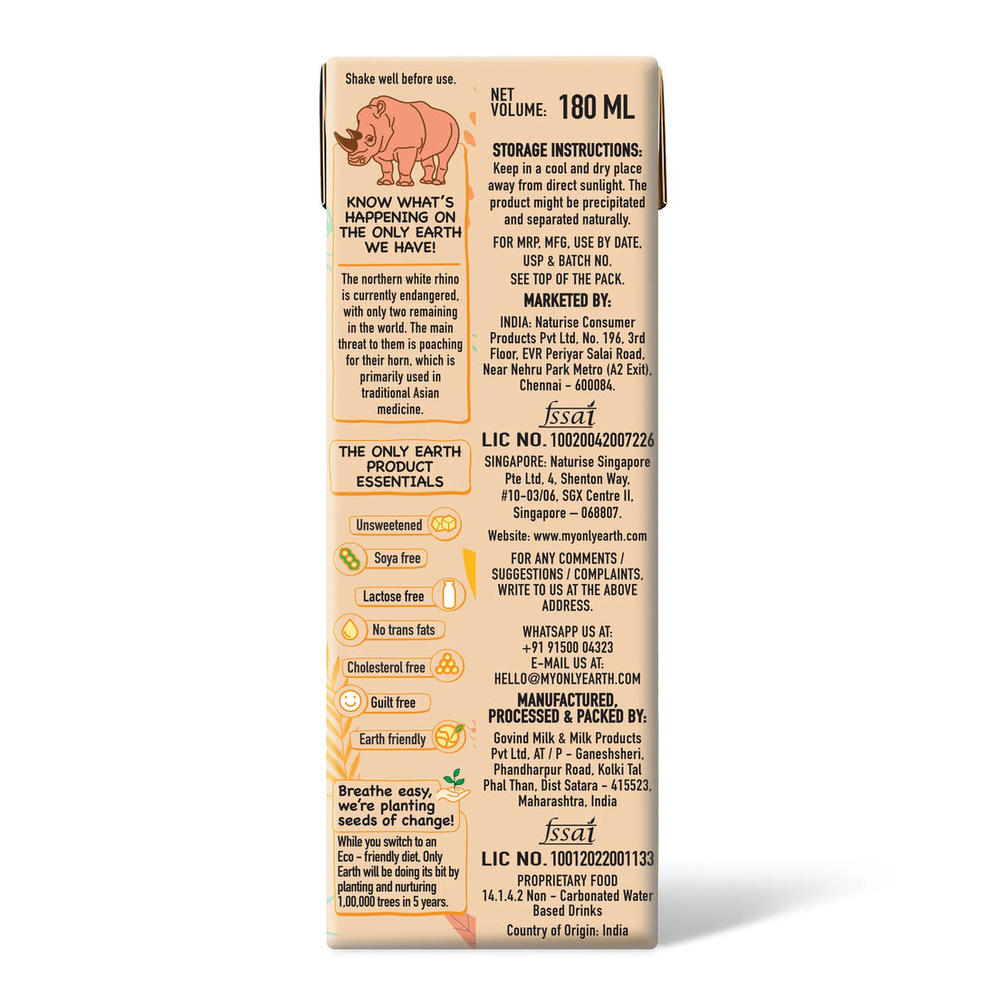 Oats Milk - Barista Edition - Vegan, Soy Free, Lactose Free, No Trans Fat, Cholesterol Free, No Added Sugar & Preservatives - Only Earth - 180ml