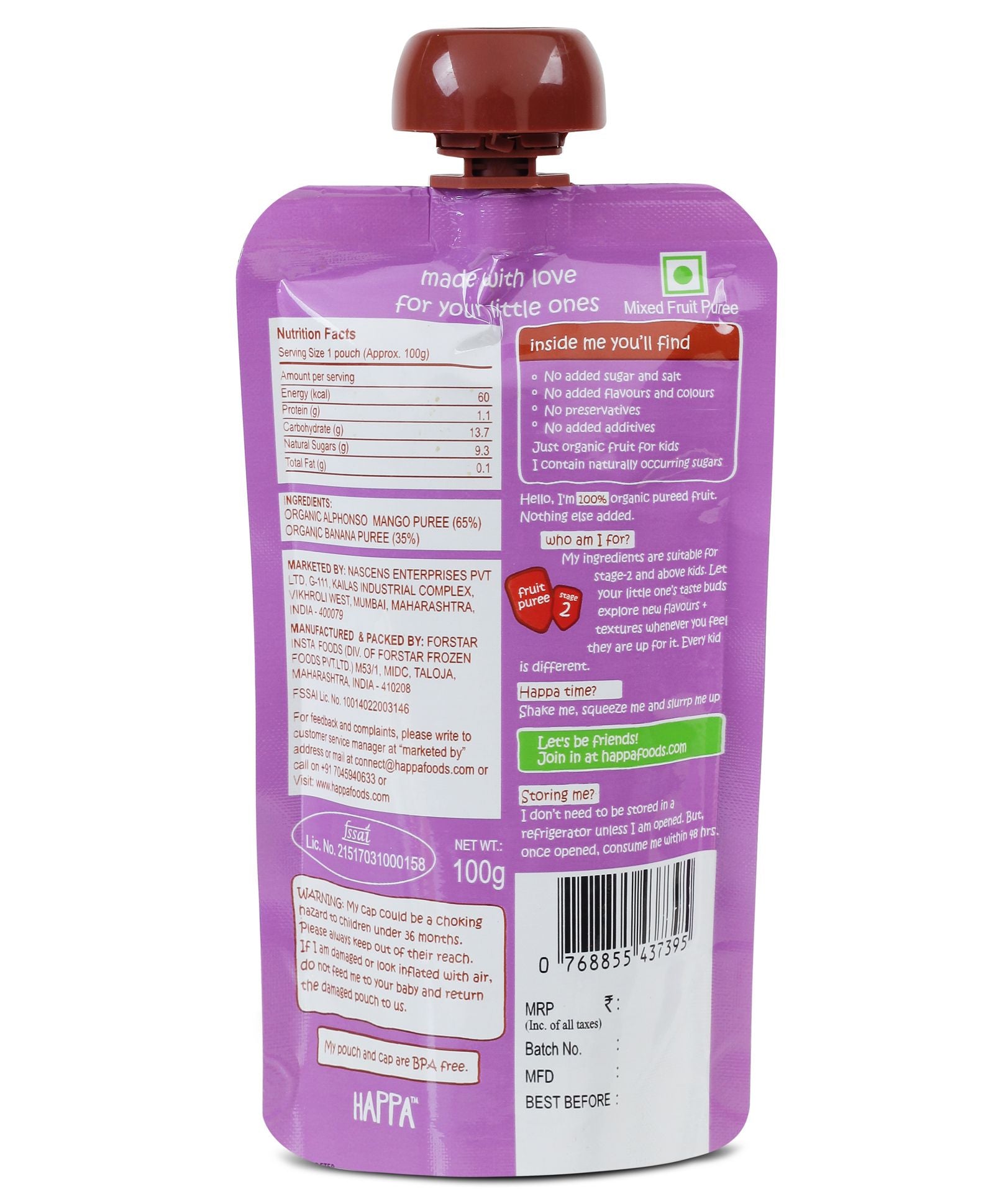 Puree | Mango & Banana Puree - Vegan, Gluten Free, No Added Sugar, No Salt, No Added Flavours, Colours & No Added Preservatives – Happa - 100gm