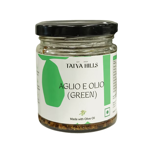 Green Aglio e Olio -Basil Garlic Olive Oil Sauce -For Pasta, Roasted Vegetables, Marinades– No Added Preservatives & Additives Free – Tatva Hills – 165gm