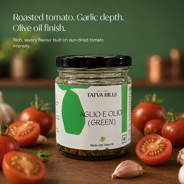 Green Aglio e Olio -Basil Garlic Olive Oil Sauce -For Pasta, Roasted Vegetables, Marinades– No Added Preservatives & Additives Free – Tatva Hills – 165gm