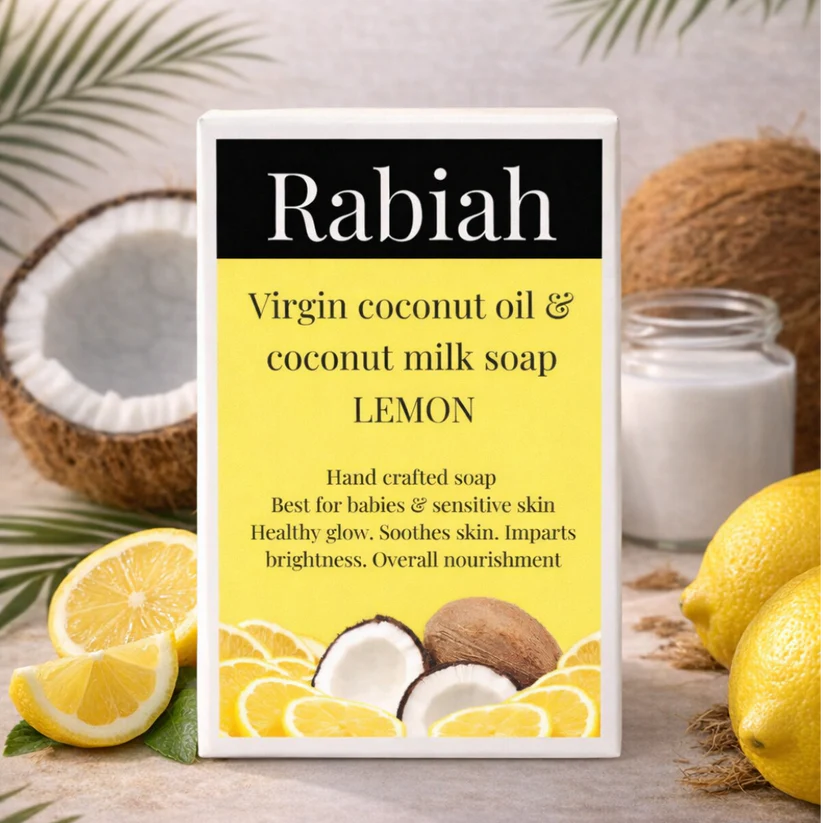Soap | Lemon (Blend Of Virgin Coconut Oil & Milk With Lemon Peel Extract) - Best For Babies - Hand Crafted - Healthy Glowing, Soothes Skin, & Sensitive Skin - Rabiah - 100gm