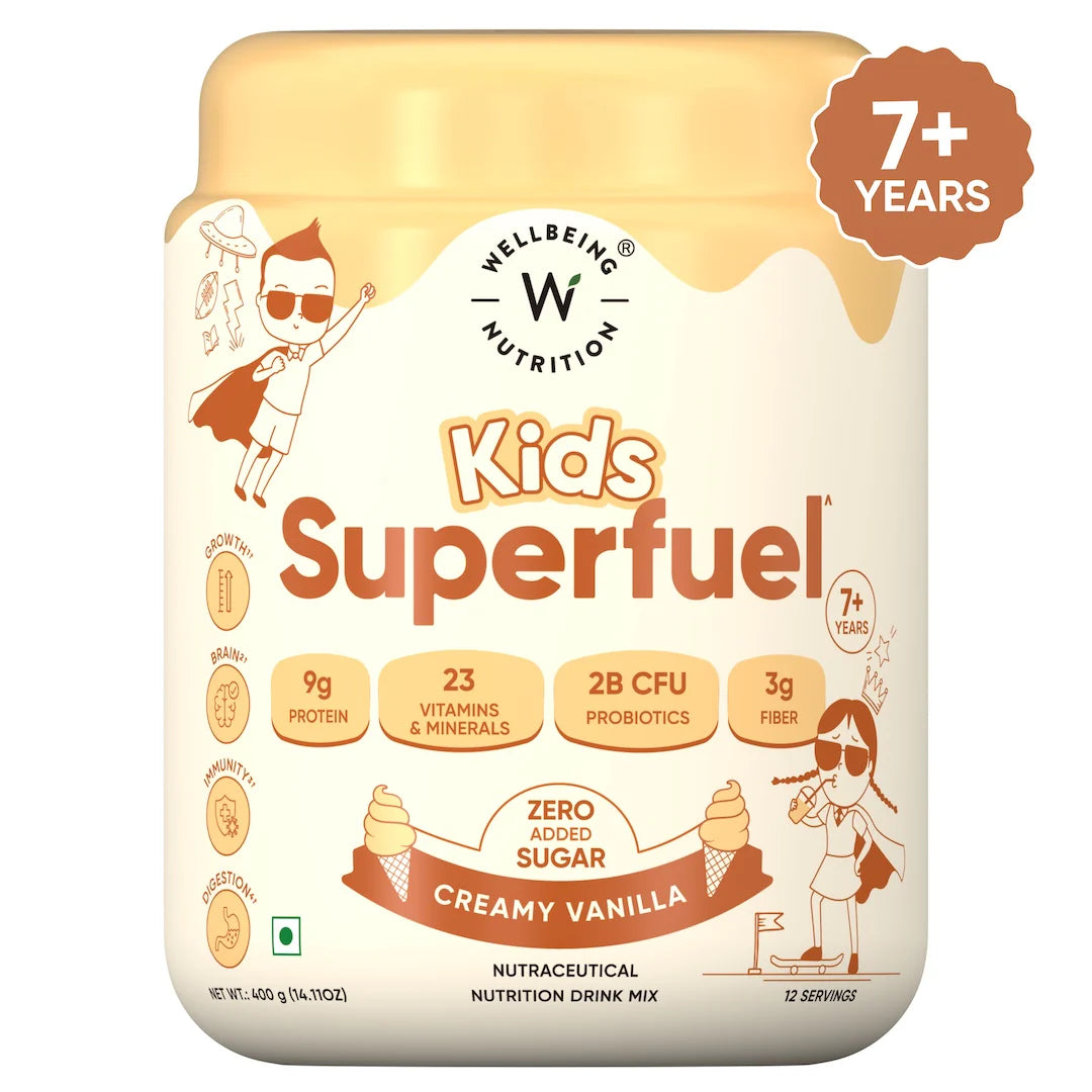 Protein Powder | Kids Superfuel (Creamy Vanilla) - Nutrition Mix – Organic - Gluten Free & Sugar Free – No Preservatives - No Plam Oil - Wellbeing Nutrition – 400gm