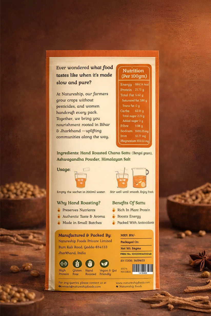 Ashwagandha Sattu Drink Mix -Gluten Free, Vegan & Gut Friendly-100% Natural- Hand Roasted & Stone Ground Chana Sattu – Gluten Free, High In Protein And Fiber Or Preservatives Free - Natureship - 54gm
