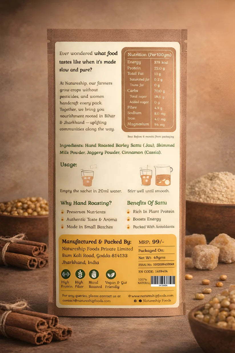 Cinnamon Jaggery Sattu Drink Mix -Gluten Free, Vegan & Gut Friendly-100% Natural- Hand Roasted & Stone Ground Chana Sattu β Gluten Free, High In Protein And Fiber Or Preservatives Free - Natureship - 49gm
