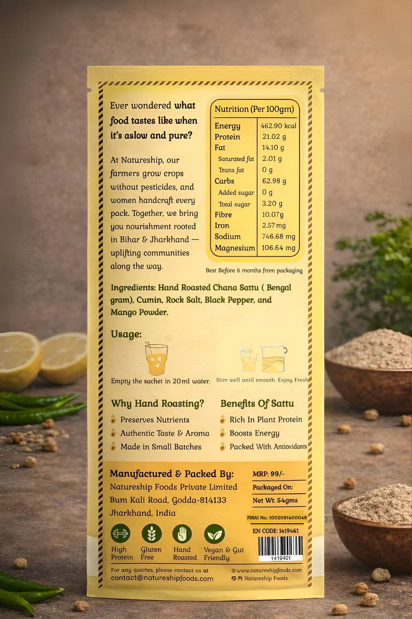 Sattu Drink Mix | Masala Sattu Drink Mix -Gluten Free, Vegan & Gut Friendly-100% Natural- Hand Roasted & Stone Ground Chana Sattu – Gluten Free, High In Protein And Fiber Or Preservatives Free - Natureship - 54gm