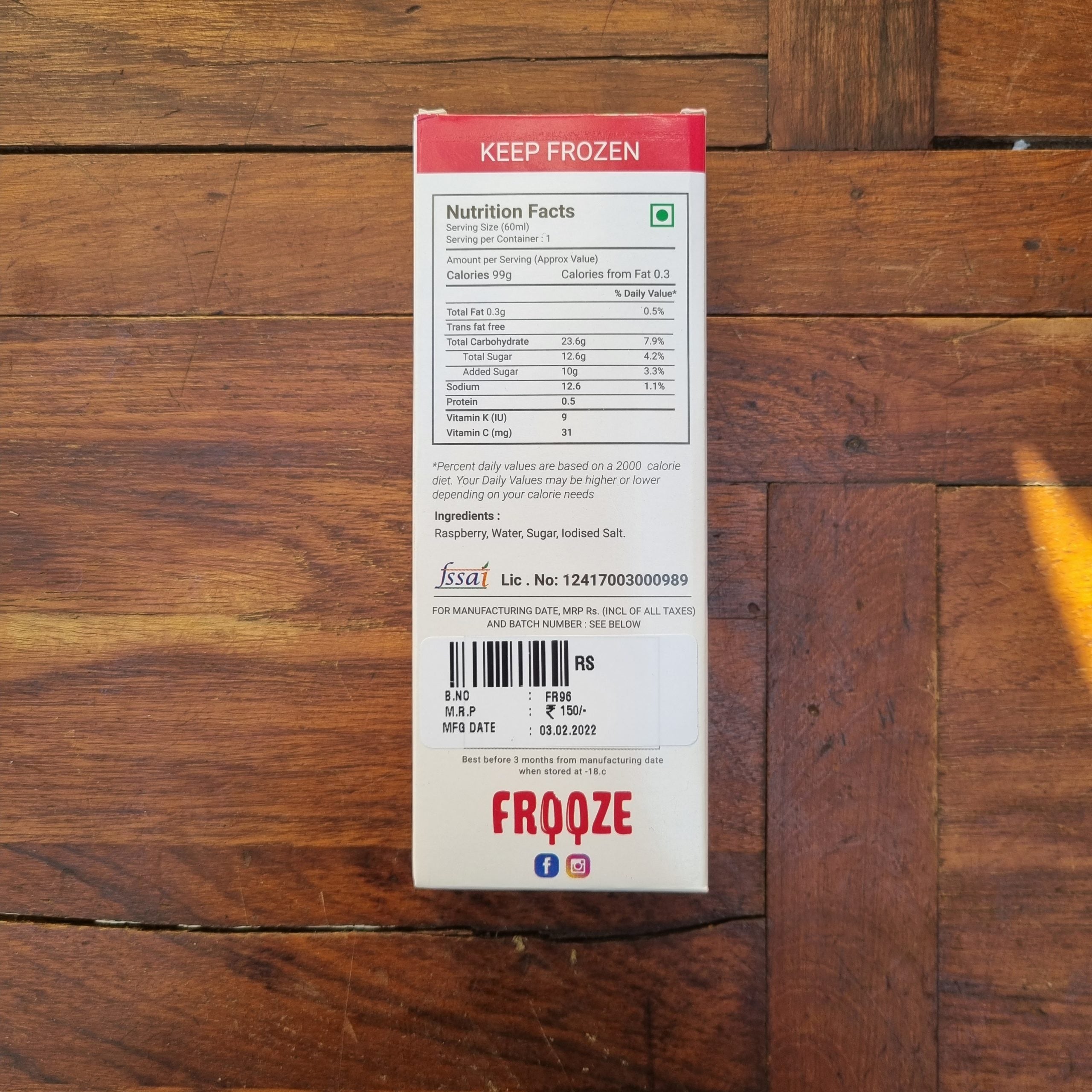 Raspberry Ice Cream | 99 Calories - All Natural - No Added Preservatives, Artificial Flavors & No Added Emulsifiers - Frooze - 50gm