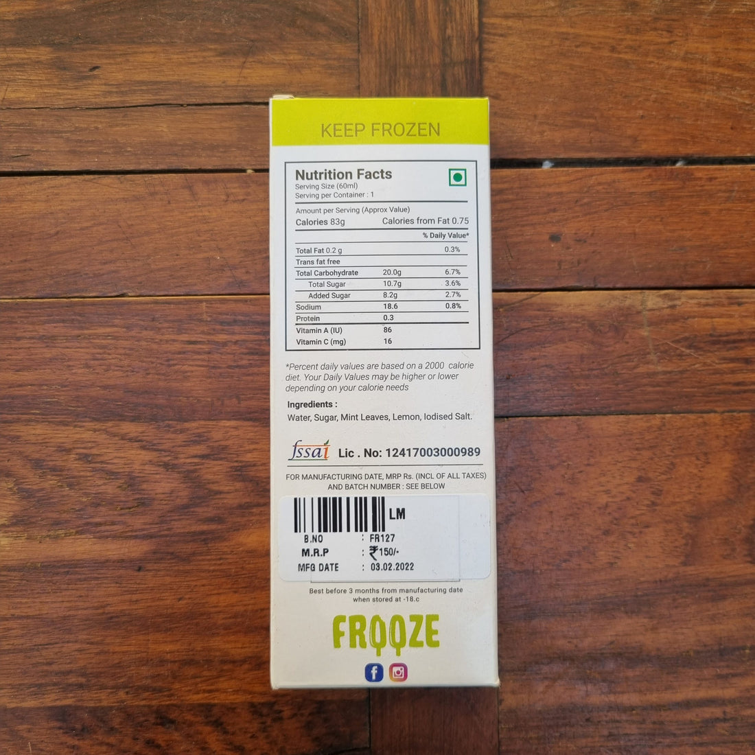 Lime Mint Ice Cream | 83 Calories - Excellent Source Of Vitamin A - All Natural – Vegan, No Added Preservatives, Artificial Flavors & No Added Emulsifiers - Frooze - 50gm