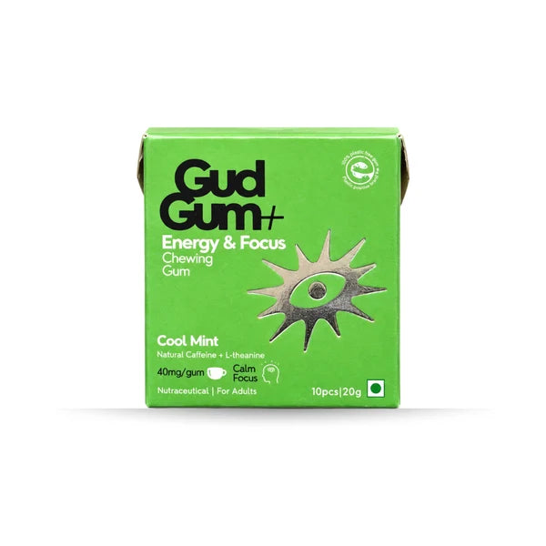 Mint Caffeinated Chewing Gum - Sweet - 10 Pieces Per Pack - Natural - Indian - Vegan, Sugar Free & Plastic Free - Gud Gum - 20gm