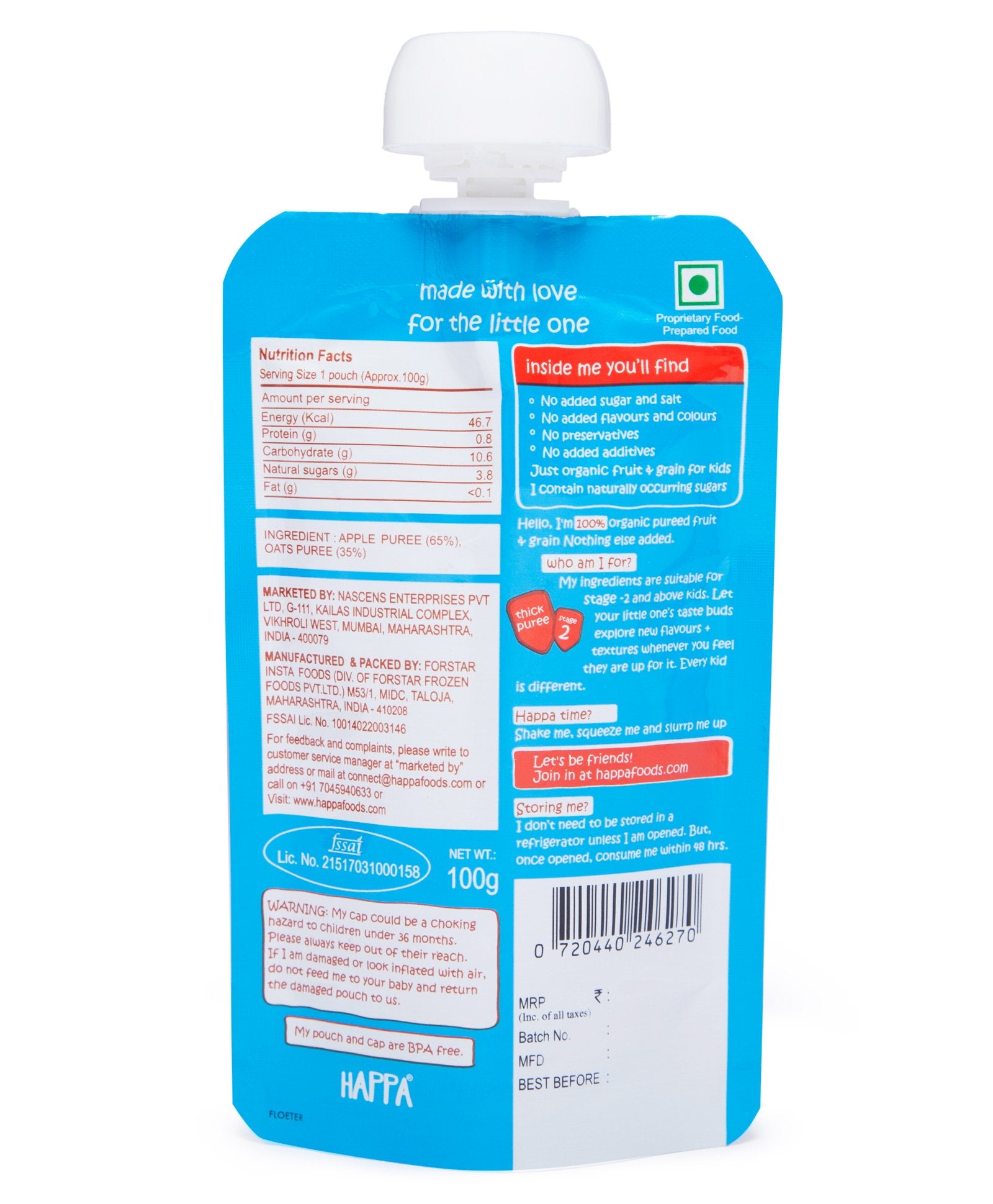 Puree | Apple & Oats Puree - Organic - Vegan, Gluten Free, No Added Sugar, No Salt, No Added Flavours, Colours & No Added Preservatives - Happa - 100gm