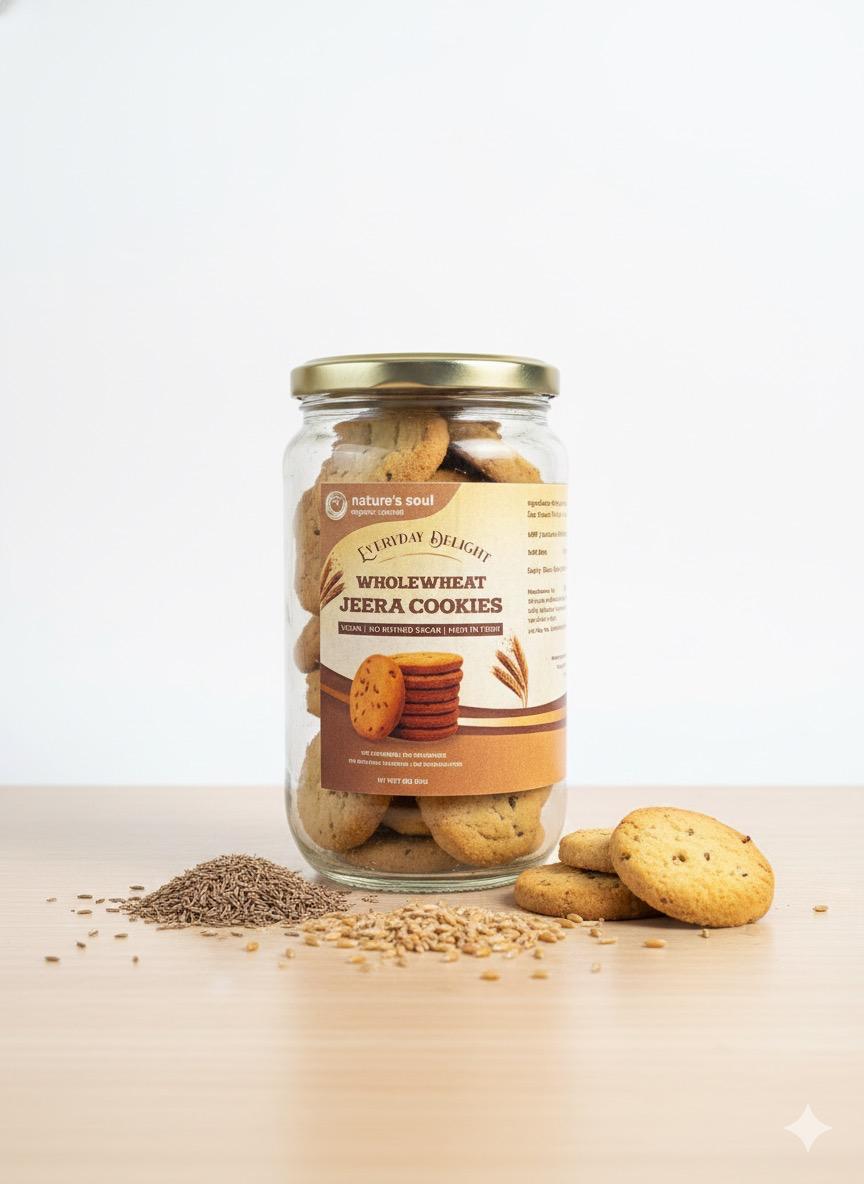 Whole Wheat Jeera Cookies | Everyday Delight - Vegan, Refined Sugar Free, High Fibre, No Stabilizers, No Emulsifiers, No Artificial Flavors & No Preservatives - Nature&