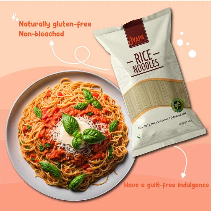 Noodles | Rice Noodles - Naturally Gluten Free - Non Bleached & Cholesterol Free - Jvapa - 400gm
