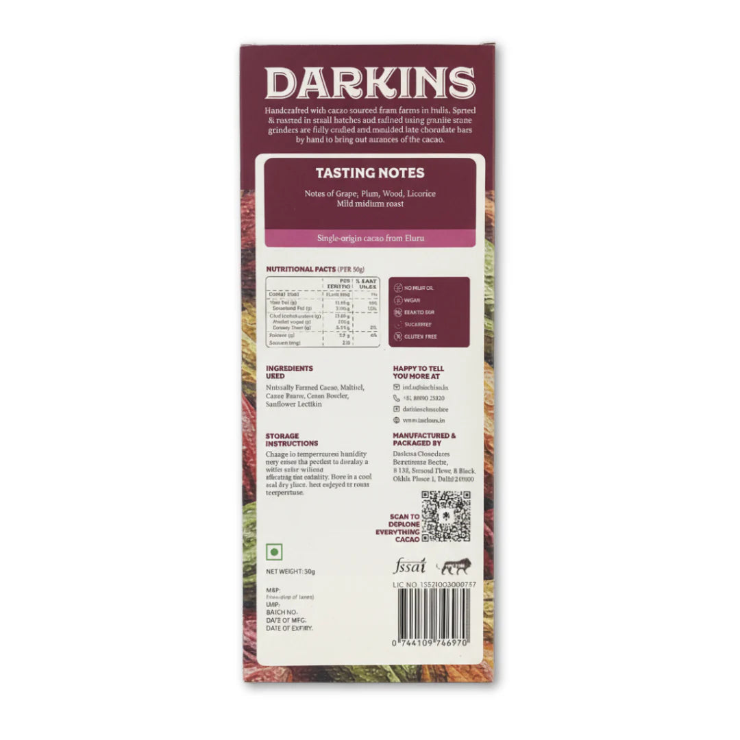 Dark Chocolate | 70% Dark Chocolate Noir – Vegan & Gluten Free- No Palm Oil - Darkins – 50gm