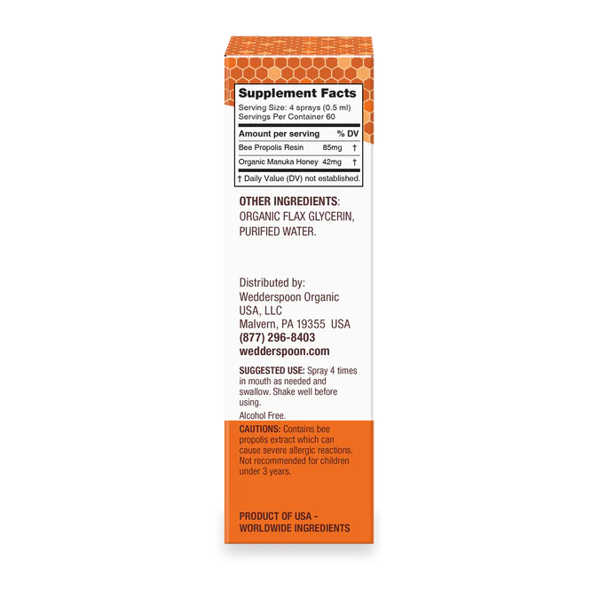 Propolis and Manuka Honey - MGO 400+ - Throat Spray - Original Honey - Natural Flavoured - Wedderspoon - 30ml