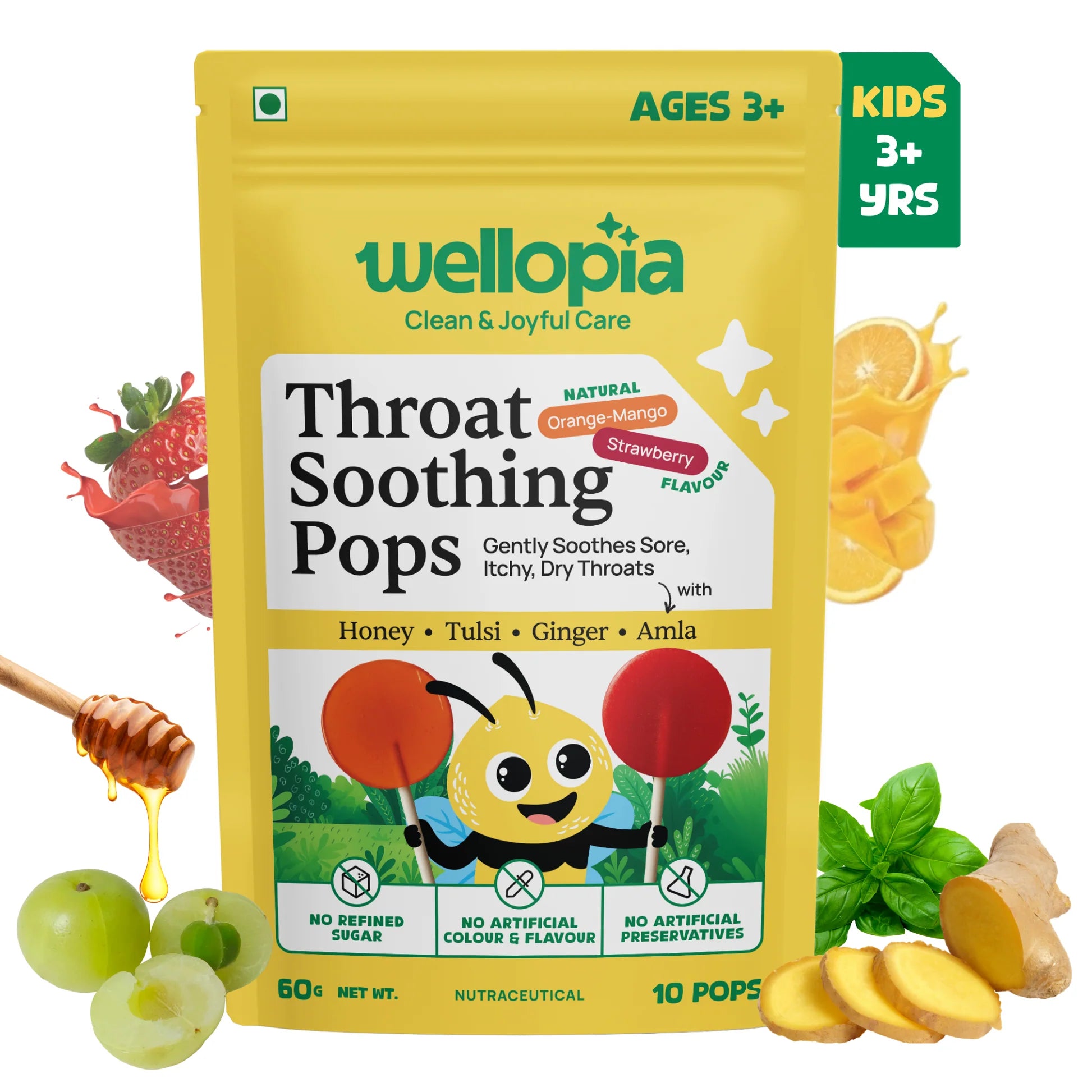 Candy |Throat Soothing Pops (Ages 3+) -No Artificial Preservatives - No Artificial Colors- No Refined Sugar - Wellopia - 10 Wrapped Pops -60 gm