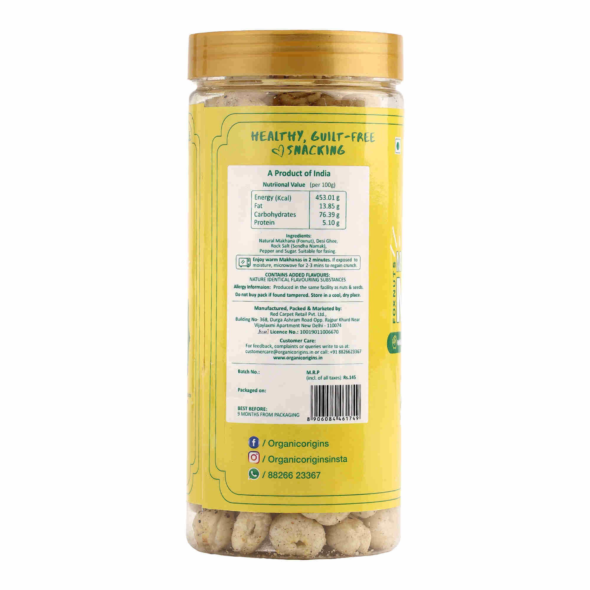 Makhana Salt Pepper - Gluten Free, High Protein, High Fibre & Low Calorie – Organic Origins - 80gm