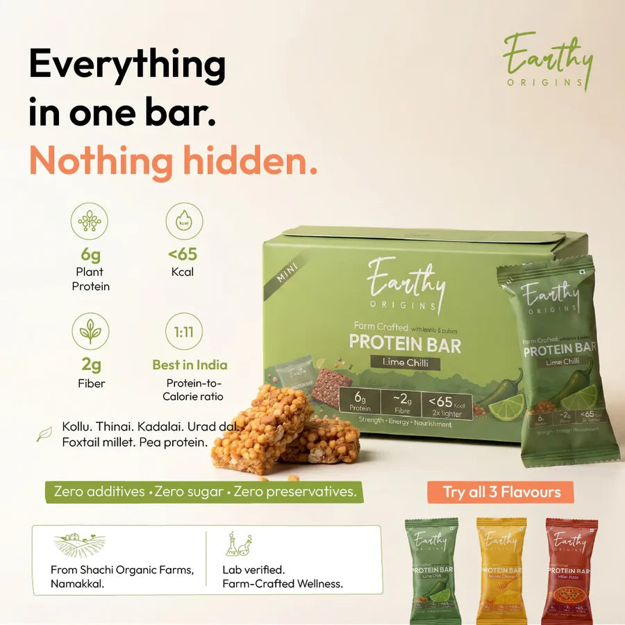 Bar | Lentil & Pulses Protein Bar (Lime Chilli)– 6g Protein – Gluten Free, No Added Sugar, No Added Preservatives, No Artificial flavours, No Palm Oil– Earthy Origins – 15gm