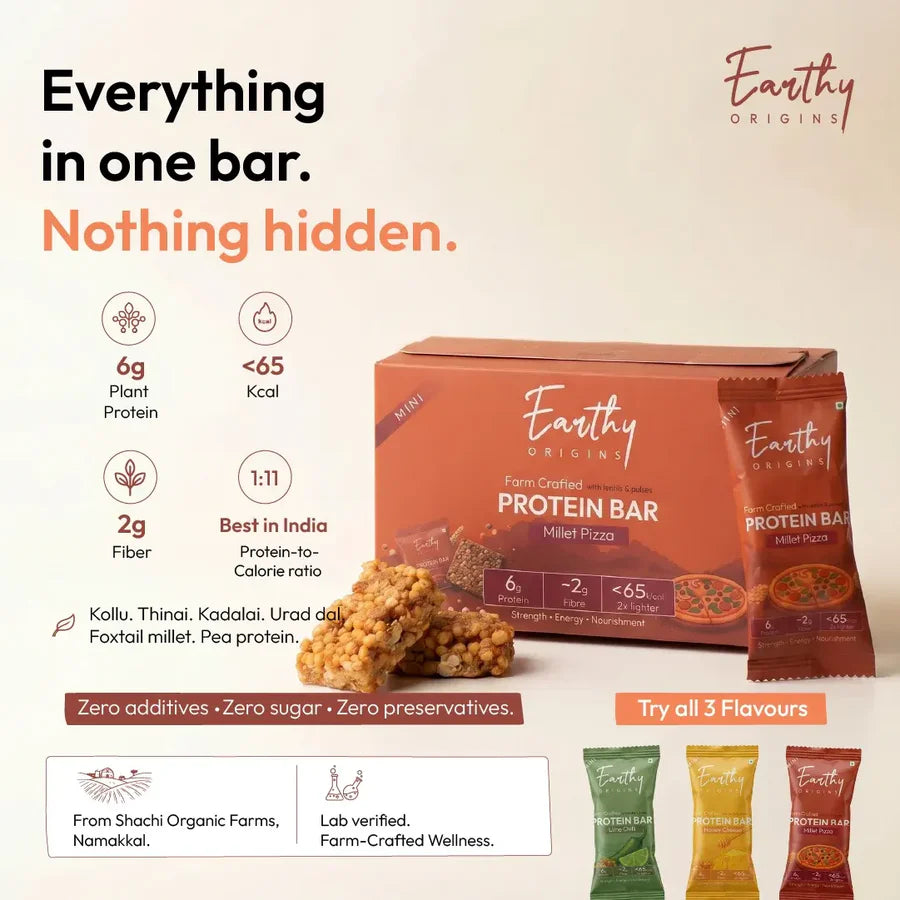 Bar | Lentil & Millet Protein Bar (Millet Pizza)– 6g Protein – Gluten Free, No Added Sugar, No Added Preservatives, No Artificial flavours, No Palm Oil– Earthy Origins – 15gm