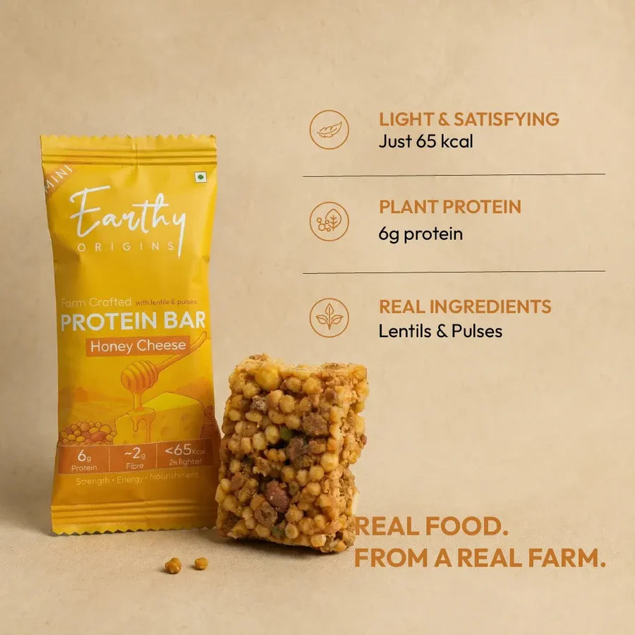 Bar |Plant Protein Bar with Lentils (Honey Cheese) – 6g Protein – Gluten Free, No Added Sugar, No Added Preservatives, No Artificial flavours, No Palm Oil– Earthy Origins – 15gm