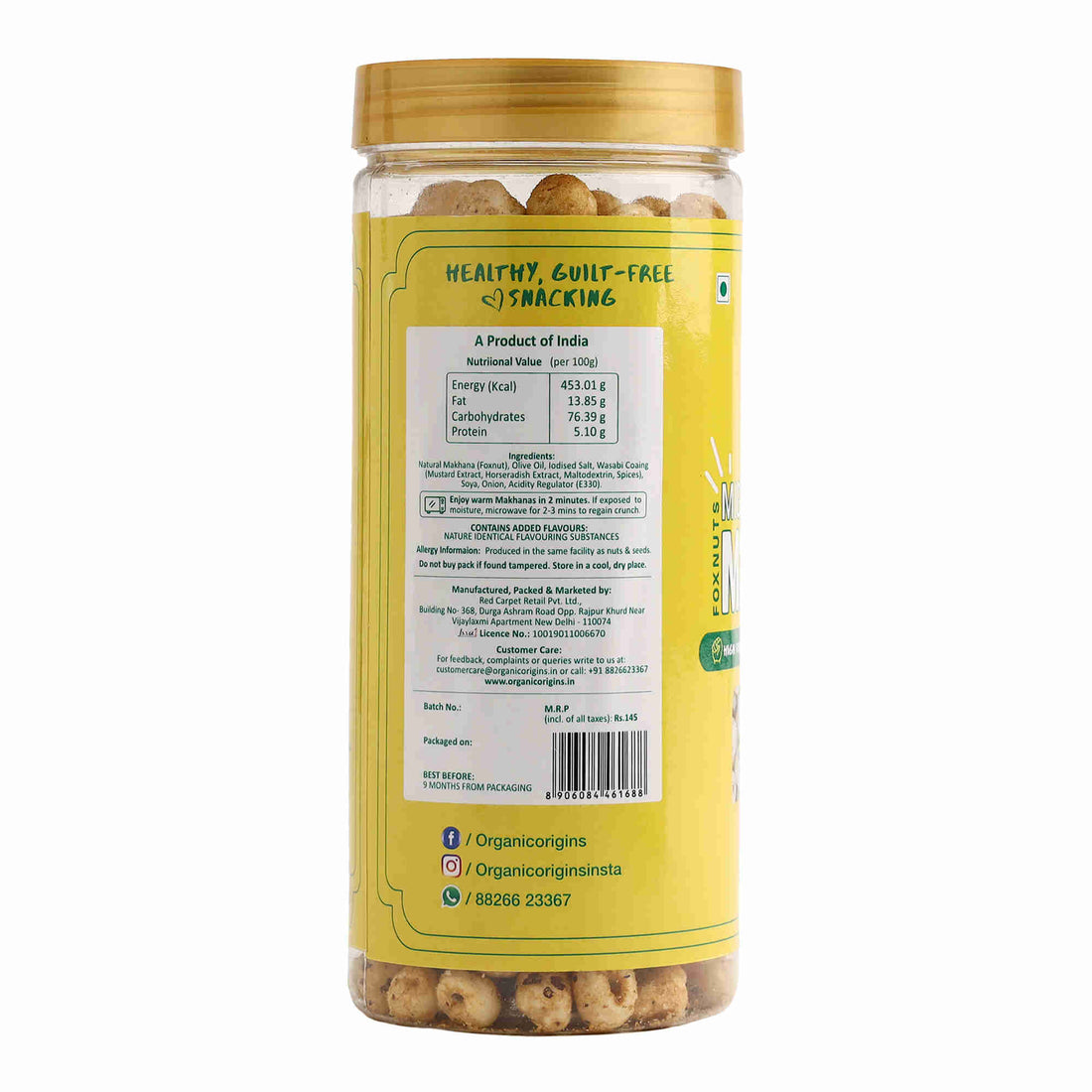 Makhana Wasabi – Gluten Free, High Protein, High Fibre & Low Calorie - Organic Origins - 80gm