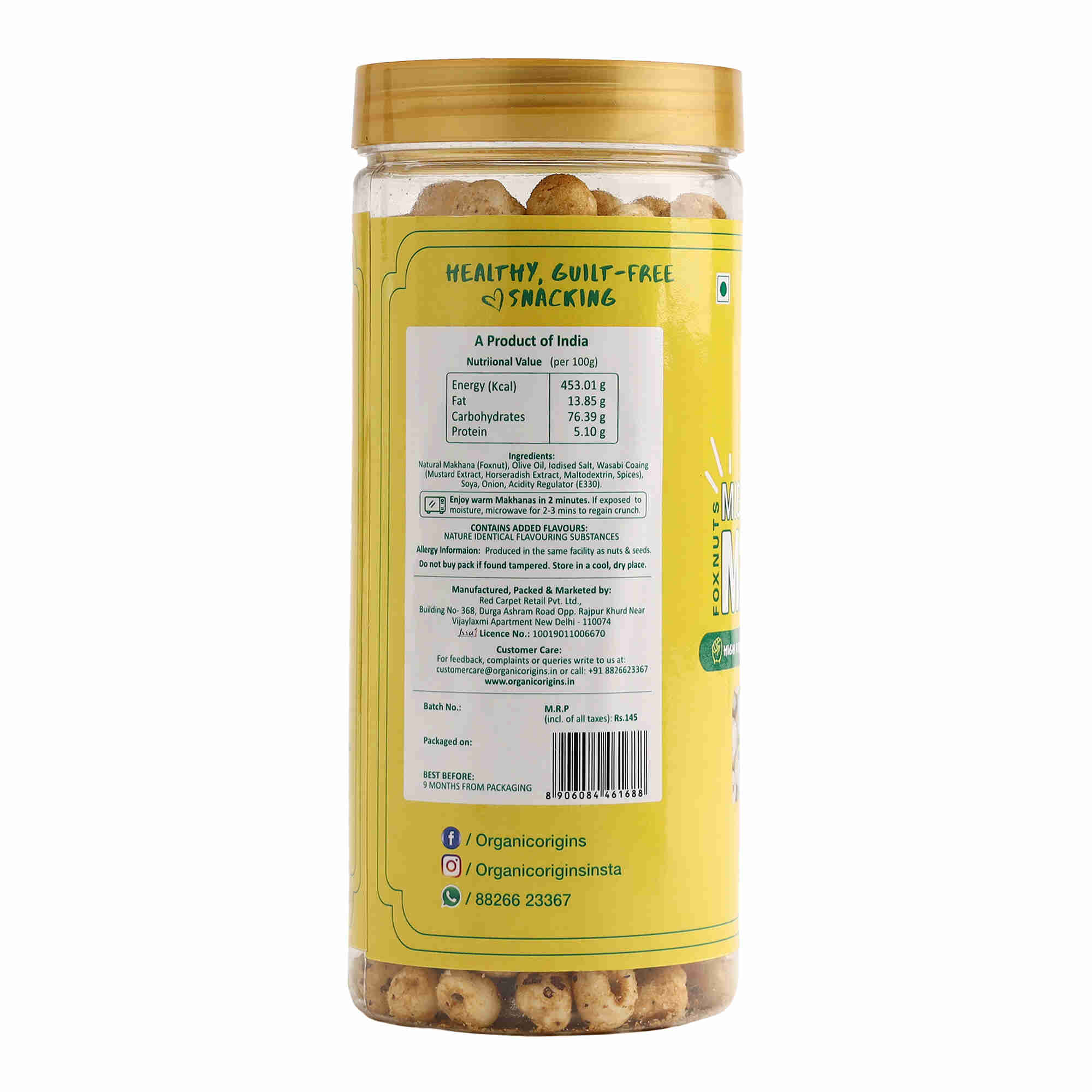 Makhana Wasabi – Gluten Free, High Protein, High Fibre & Low Calorie - Organic Origins - 80gm