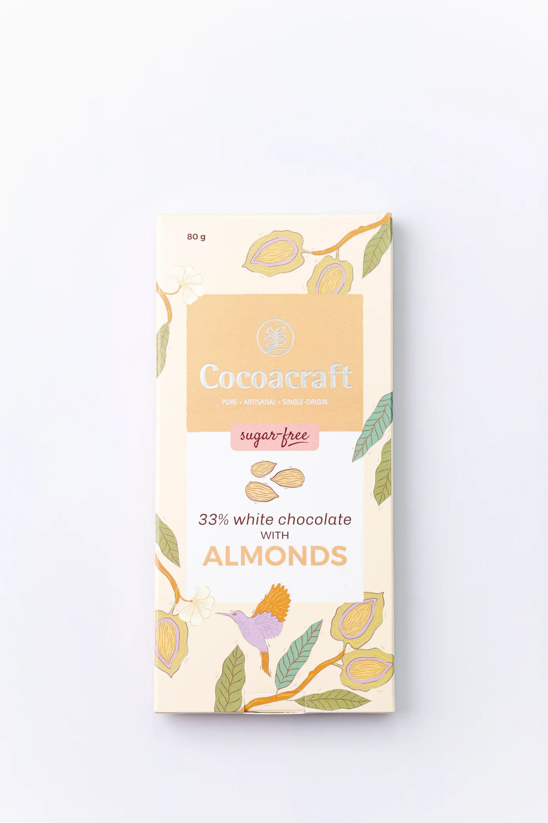 White Chocolate | 33% Cacao (With Almond) - Pure - Artisanal - Single Origin - Sugar Free, No Preservatives, No Artificial Flavoring & No Hydrogenated Oils – Cocoacraft – 80gm